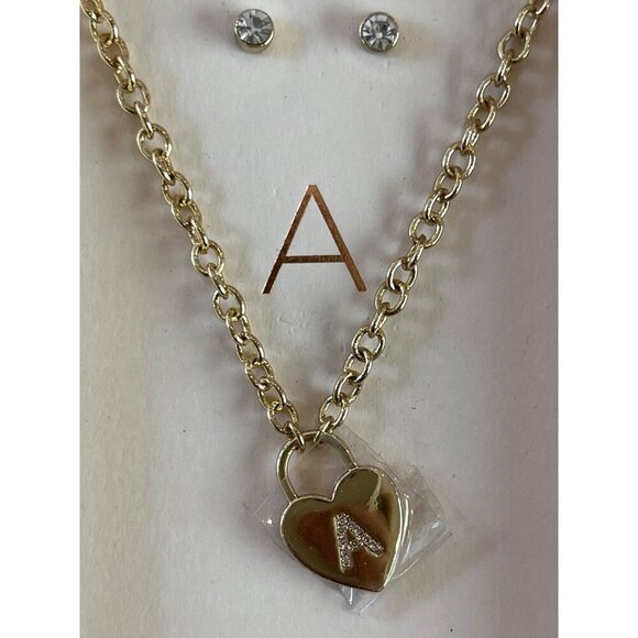 Lauren Conrad Cubic Zirconia Heart Necklace & Earrings A Initial Gold Tone 16" - Picture 3 of 9